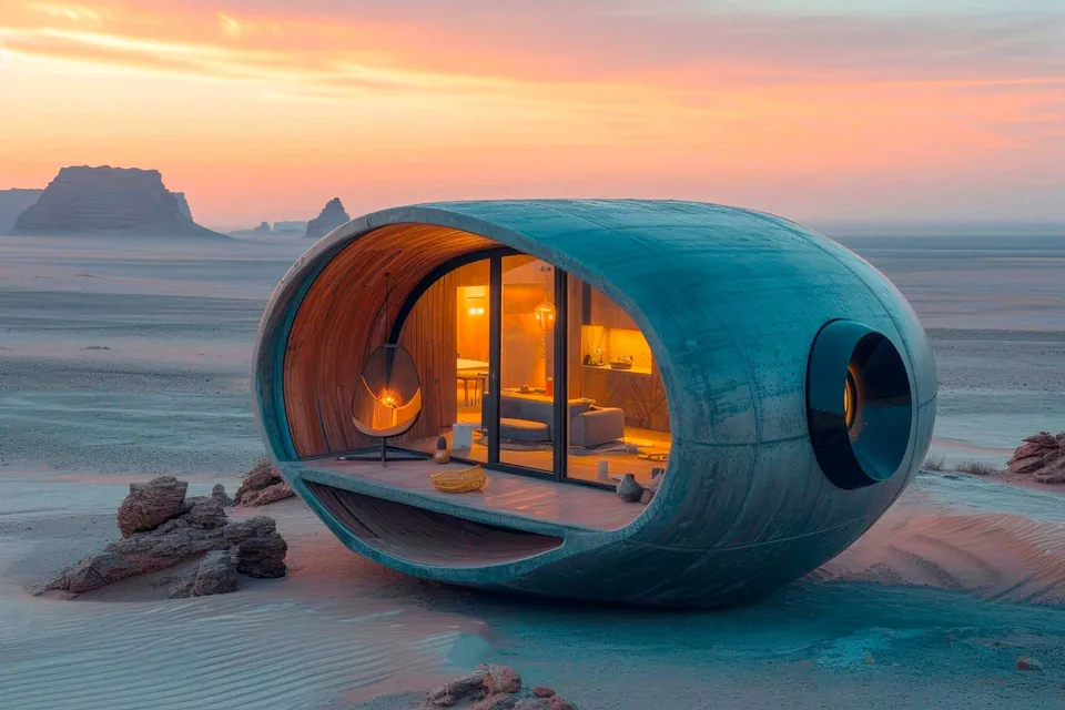 Visuel du site Parenthèse Insolite : un hébergement en forme de coque posé dans le désert au coucher du soleil